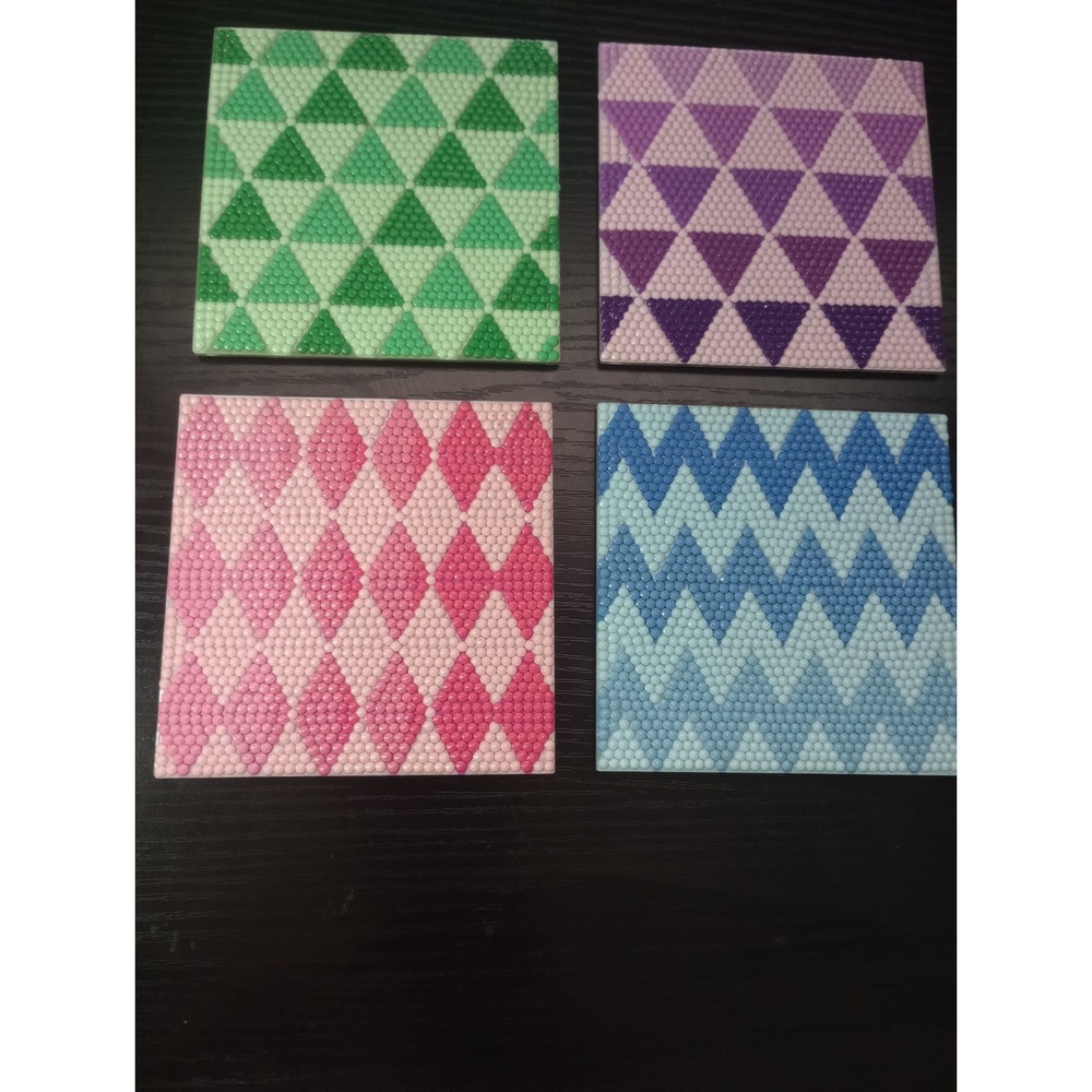 Handmade Diamond Painting Coaster Set of 4 Geometric Cork Back 4x4 Inch